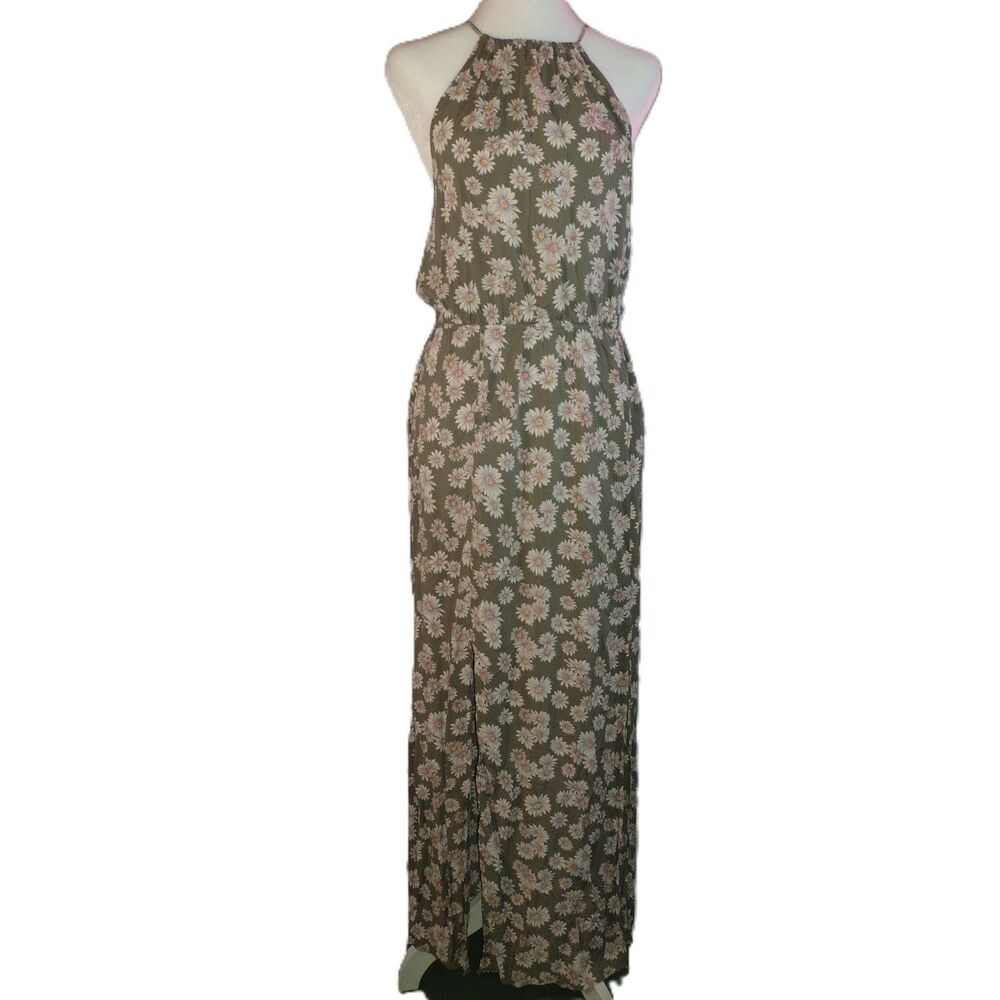Floral Maxi Dress Grey Daisy Halter Neck Boho Summer Vacation